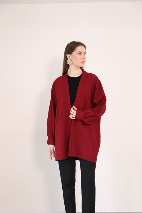 Kadın Şal Yaka Atlas Kumaş Git Çıkış Balon Kol Detaylı Manşetli Hırka Bordo