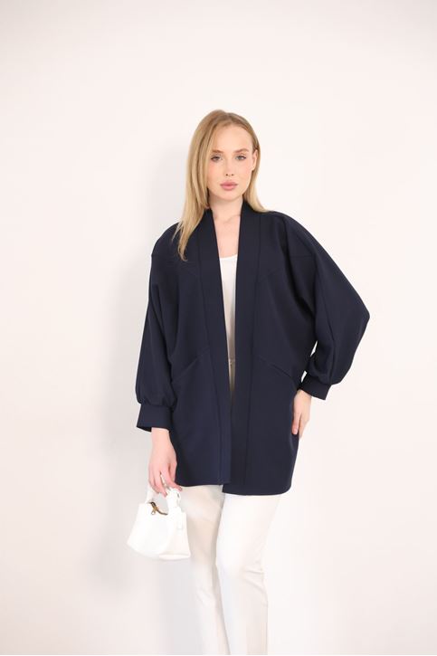 Kadın Şal Yaka Atlas Kumaş Git Çıkış Balon Kol Detaylı Manşetli Hırka Lacivert