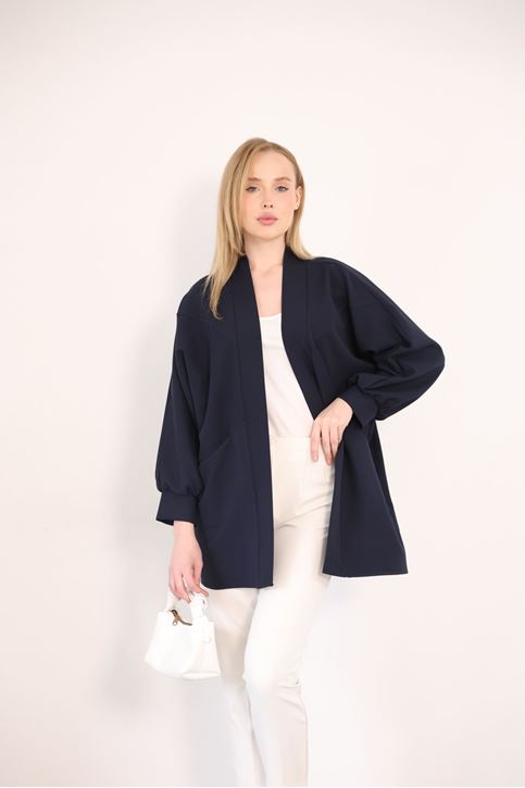 Kadın Şal Yaka Atlas Kumaş Git Çıkış Balon Kol Detaylı Manşetli Hırka Lacivert