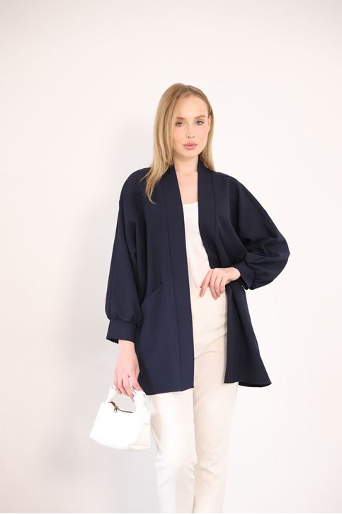 Kadın Şal Yaka Atlas Kumaş Git Çıkış Balon Kol Detaylı Manşetli Hırka Lacivert