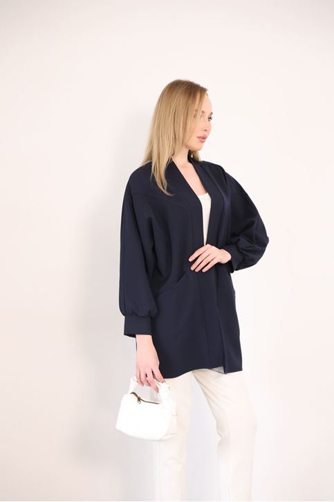 Kadın Şal Yaka Atlas Kumaş Git Çıkış Balon Kol Detaylı Manşetli Hırka Lacivert