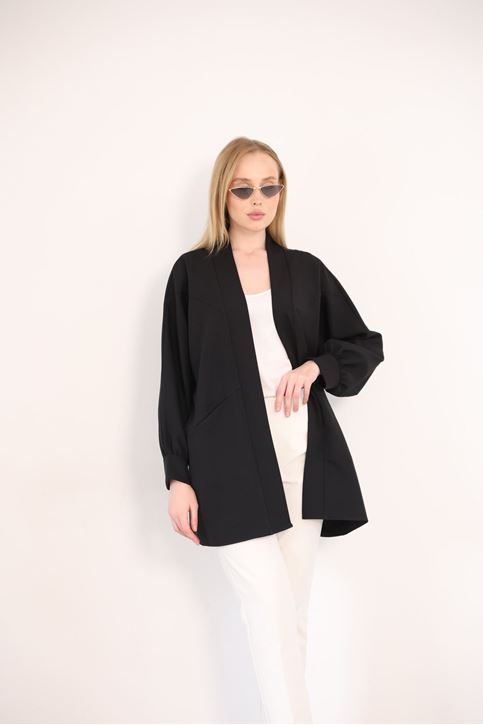 Kadın Şal Yaka Atlas Kumaş Git Çıkış Balon Kol Detaylı Manşetli Hırka Siyah