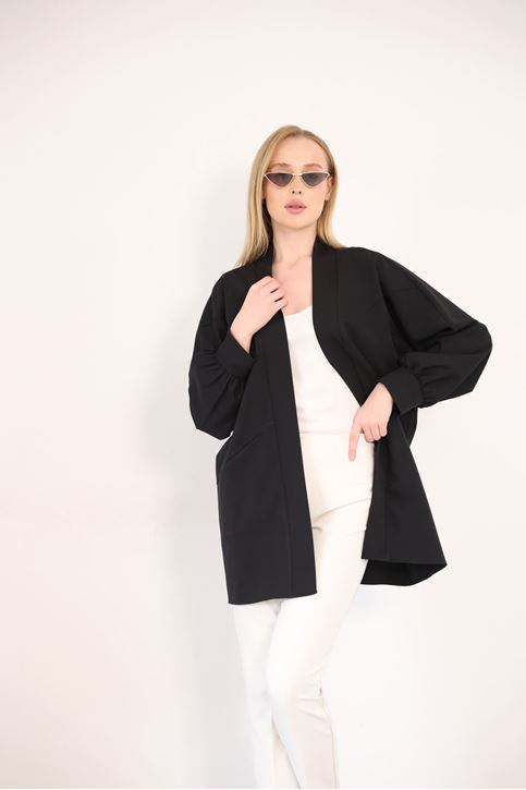 Kadın Şal Yaka Atlas Kumaş Git Çıkış Balon Kol Detaylı Manşetli Hırka Siyah