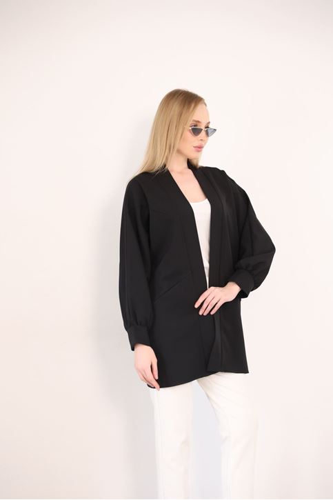Kadın Şal Yaka Atlas Kumaş Git Çıkış Balon Kol Detaylı Manşetli Hırka Siyah