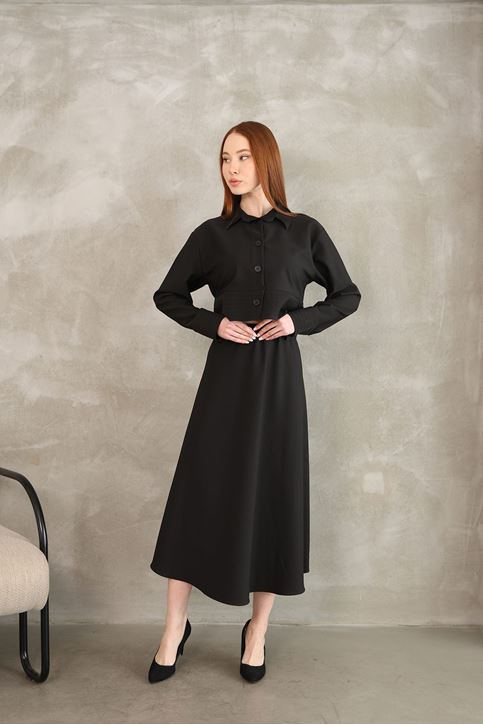 Sıralı Dikiş Detay Etekli Takım-Siyah