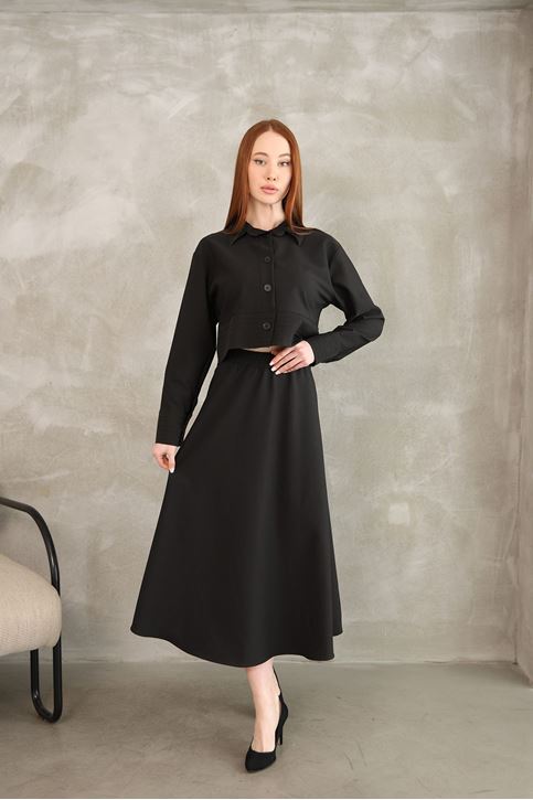 Sıralı Dikiş Detay Etekli Takım-Siyah