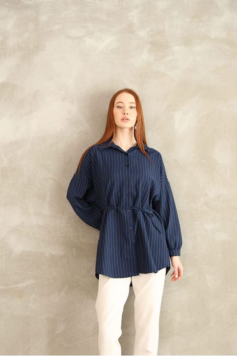 Arka Roba Detay Çizgili Tunik-Lacivert