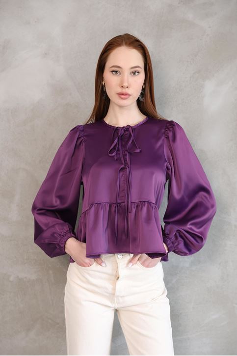 Kadın Yaka Biye Bağlamalı Etek Ucu Volanlı Kolu Lastikli Tesettür Saten Tunik Mor
