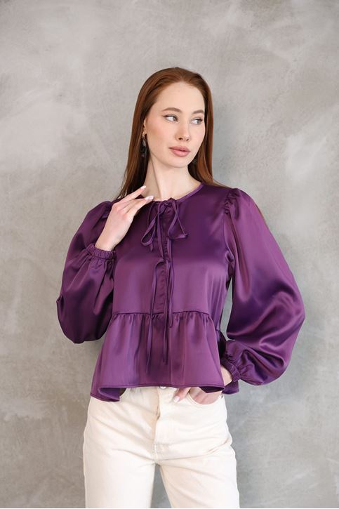Kadın Yaka Biye Bağlamalı Etek Ucu Volanlı Kolu Lastikli Tesettür Saten Tunik Mor