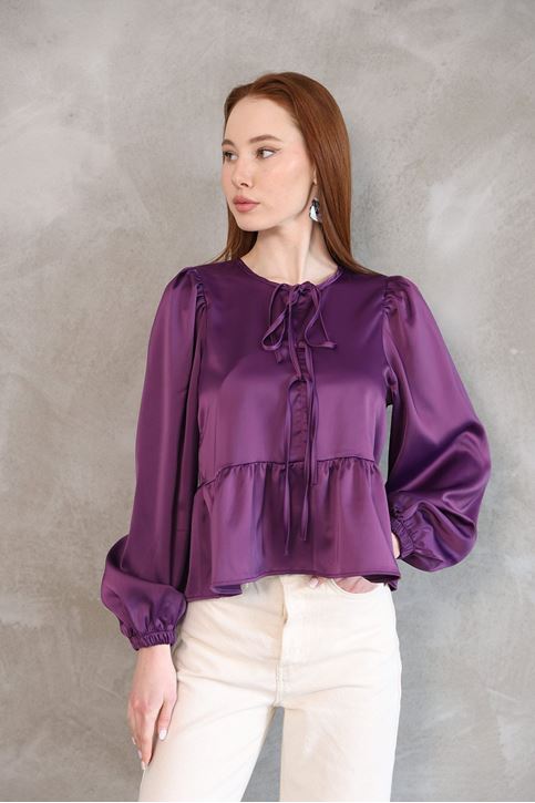 Kadın Yaka Biye Bağlamalı Etek Ucu Volanlı Kolu Lastikli Tesettür Saten Tunik Mor