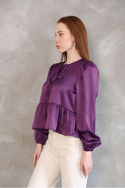 Kadın Yaka Biye Bağlamalı Etek Ucu Volanlı Kolu Lastikli Tesettür Saten Tunik Mor