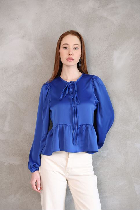 Kadın Yaka Biye Bağlamalı Etek Ucu Volanlı Kolu Lastikli Tesettür Saten Tunik Saks