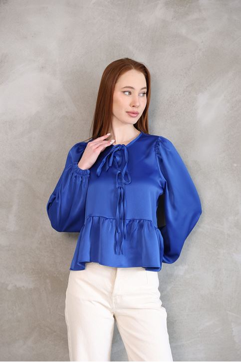 Kadın Yaka Biye Bağlamalı Etek Ucu Volanlı Kolu Lastikli Tesettür Saten Tunik Saks