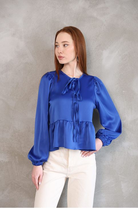 Kadın Yaka Biye Bağlamalı Etek Ucu Volanlı Kolu Lastikli Tesettür Saten Tunik Saks