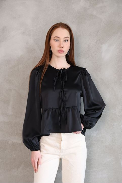 Kadın Yaka Biye Bağlamalı Etek Ucu Volanlı Kolu Lastikli Tesettür Saten Tunik Siyah