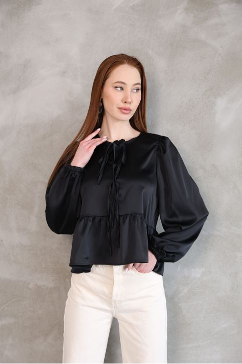 Kadın Yaka Biye Bağlamalı Etek Ucu Volanlı Kolu Lastikli Tesettür Saten Tunik Siyah