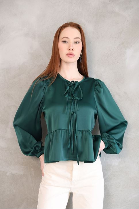 Yaka Biye Etek Büzgülü Tunik-Zümrüt Yeşili