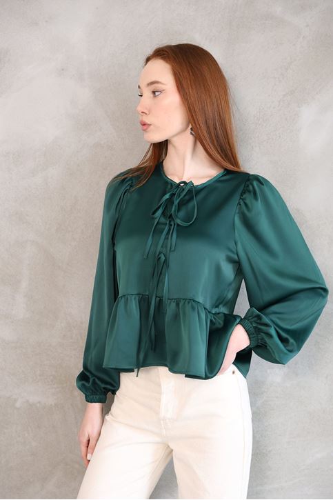Yaka Biye Etek Büzgülü Tunik-Zümrüt Yeşili