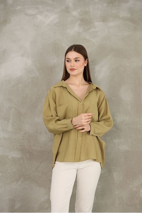 Çift Cep Dokuma Modal Tunik-YAĞ YEŞİLİ