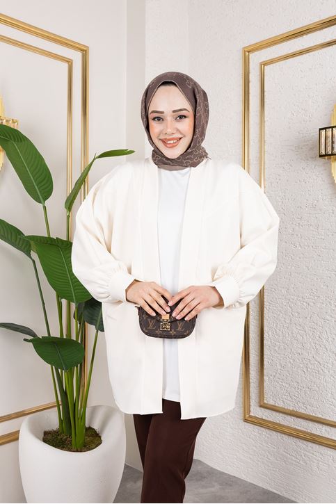 Cep Detay Atlas Hırka-Ekru