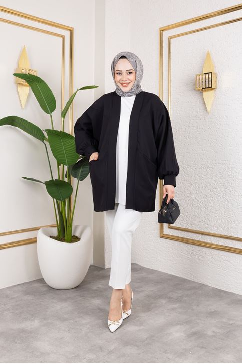 Kadın Cepli Oversize Tesettür Ceket Hırka Mevsimlik Rahat Kesim Uzun Ceket Siyah