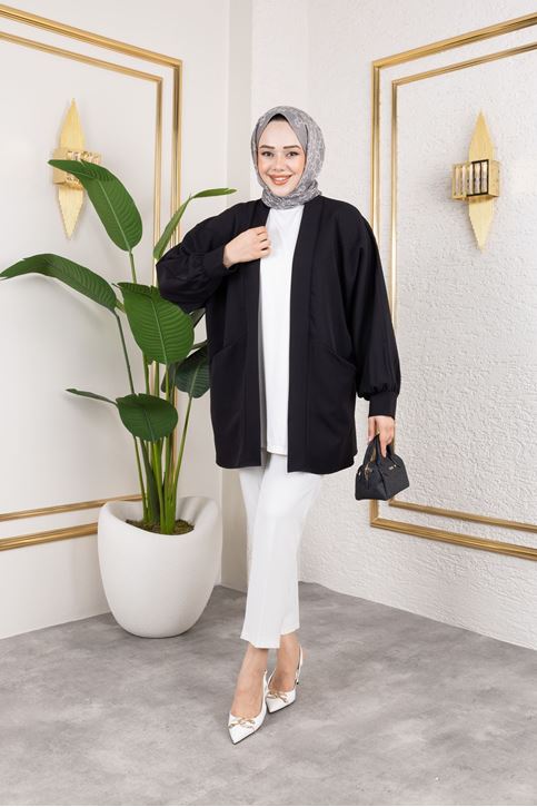 Kadın Cepli Oversize Tesettür Ceket Hırka Mevsimlik Rahat Kesim Uzun Ceket Siyah