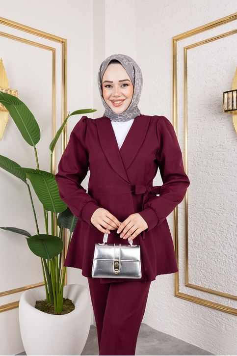 Kadın Şal Yaka Yandan Bağlamalı Kuşak Detay Tesettür Ceketli Pantolon Takım Bordo