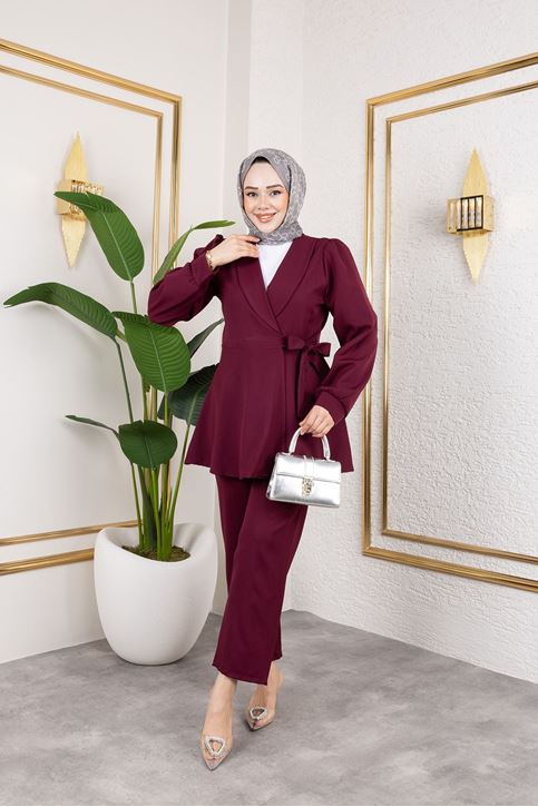 Kadın Şal Yaka Yandan Bağlamalı Kuşak Detay Tesettür Ceketli Pantolon Takım Bordo