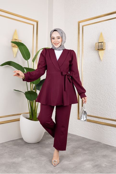 Kadın Şal Yaka Yandan Bağlamalı Kuşak Detay Tesettür Ceketli Pantolon Takım Bordo