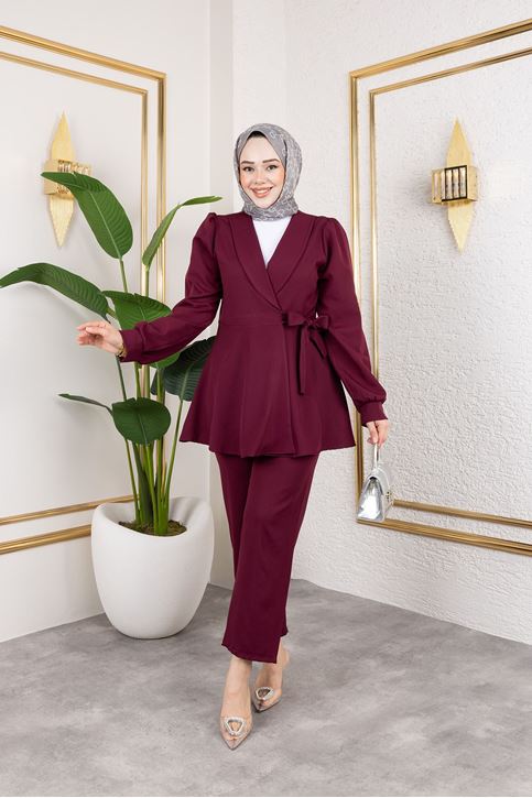 Kadın Şal Yaka Yandan Bağlamalı Kuşak Detay Tesettür Ceketli Pantolon Takım Bordo
