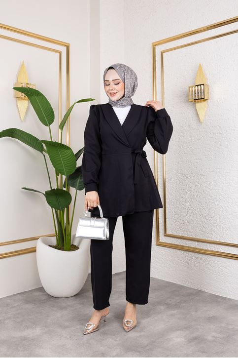 Kuşak Detay Ceketli Takım-Siyah