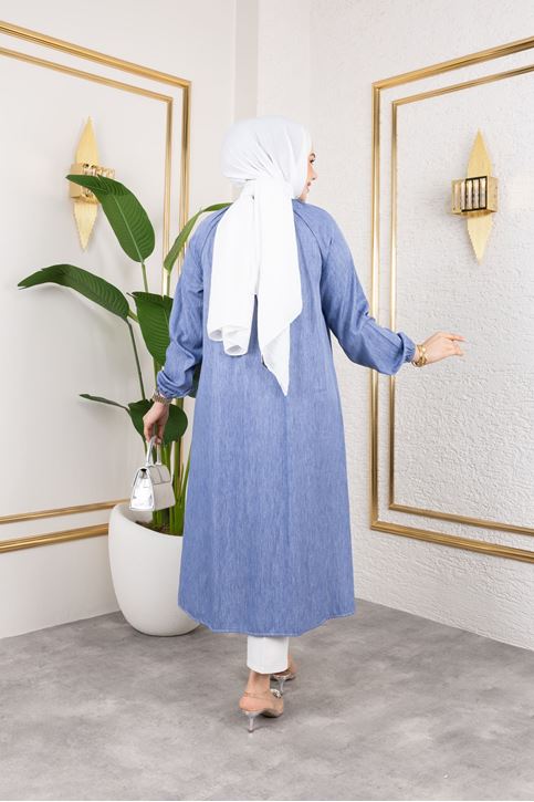 Kadın Kolu Lastikli Yaka Bağlama Detaylı Salaş Rahat Kalıp Boydan Düğmeli Uzun Tesettür Tunik-İndigo