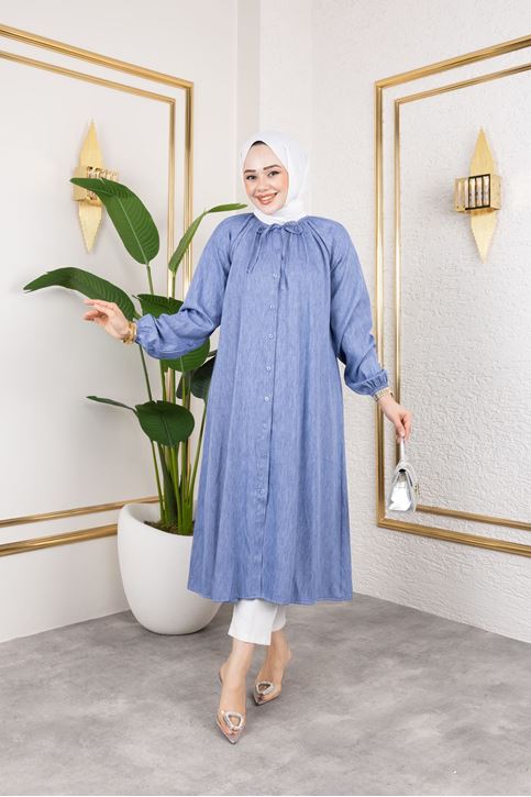Kadın Kolu Lastikli Yaka Bağlama Detaylı Salaş Rahat Kalıp Boydan Düğmeli Uzun Tesettür Tunik-İndigo