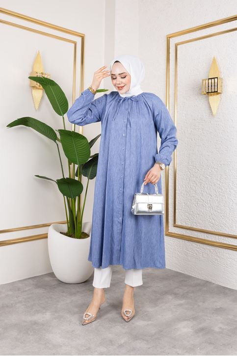 Kadın Kolu Lastikli Yaka Bağlama Detaylı Salaş Rahat Kalıp Boydan Düğmeli Uzun Tesettür Tunik-İndigo