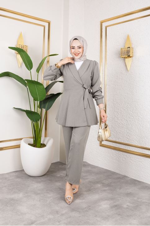 Kuşak Detay Ceketli Poliviskon Takım-Mint