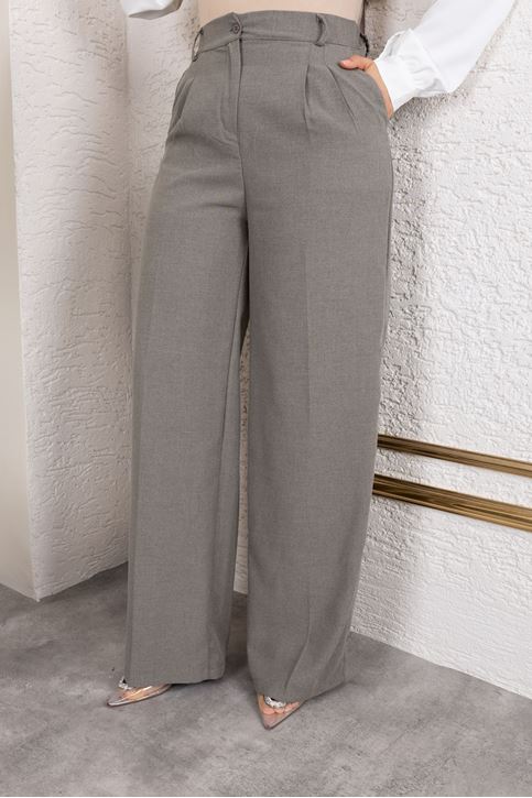 Kadın Pile Detay Poliviskon Kumaş Geniş Paça Yazlık Tam Klıp Palazzo Pantolon Gri Antrasit