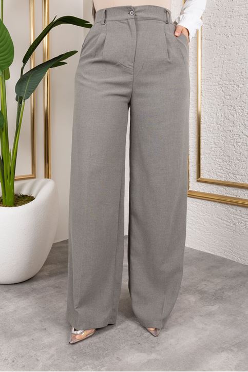 Kadın Pile Detay Poliviskon Kumaş Geniş Paça Yazlık Tam Klıp Palazzo Pantolon Gri Antrasit