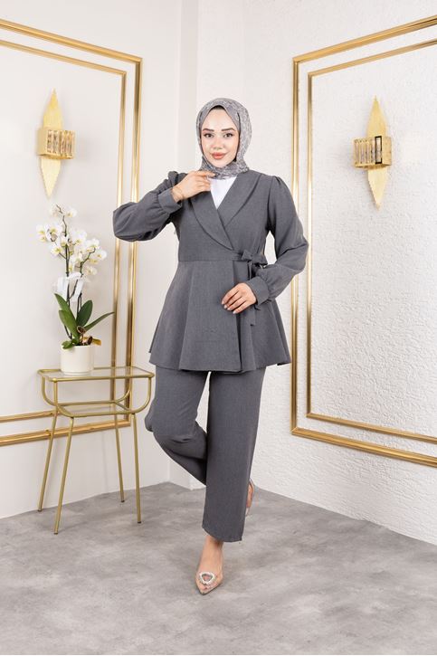 Kuşak Detay Ceketli Poliviskon Takım-Antrasit