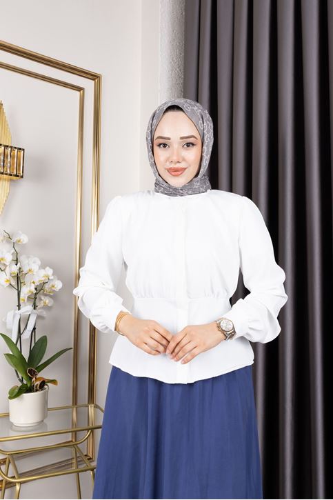 Bel Büzgülü Tunik-Ekru