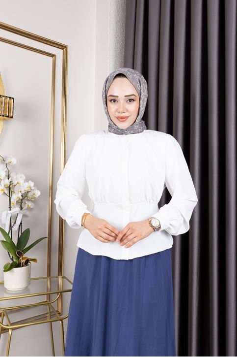 Bel Büzgülü Tunik-Ekru