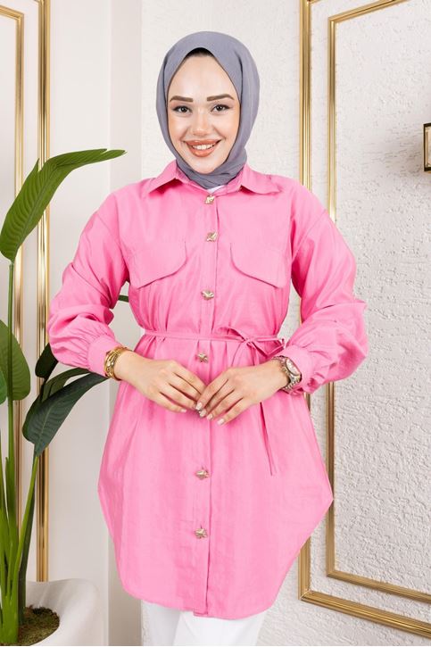 Kadın Gold Düğme Detaylı Kolu Pile Büzgülü Bağcıklı Uzun Yazlık Modal Kumaş Tesettür Gömlek Tunik Pembe