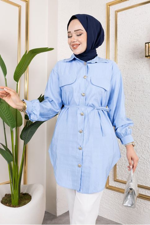 Kadın Gold Düğme Detaylı Kolu Pile Büzgülü Bağcıklı Uzun Yazlık Modal Kumaş Tesettür Gömlek Tunik Bebe Mav,
