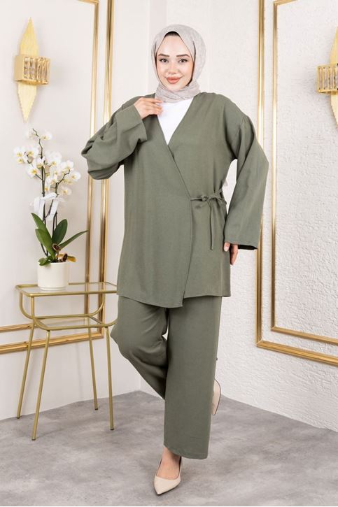 Kadın Kruvaze Yaka Yandan Bağlamalı Pantolonlu Tunik Tesettür Takım Haki