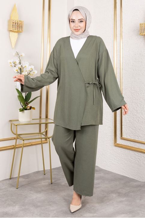 Kadın Kruvaze Yaka Yandan Bağlamalı Pantolonlu Tunik Tesettür Takım Haki