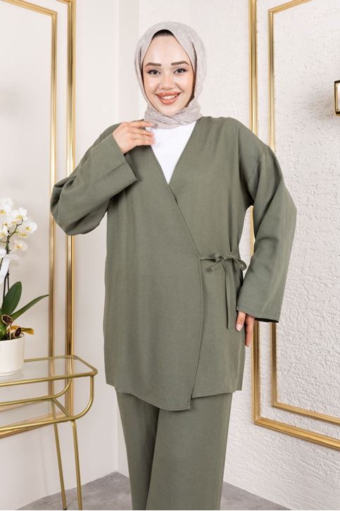 Kadın Kruvaze Yaka Yandan Bağlamalı Pantolonlu Tunik Tesettür Takım Haki