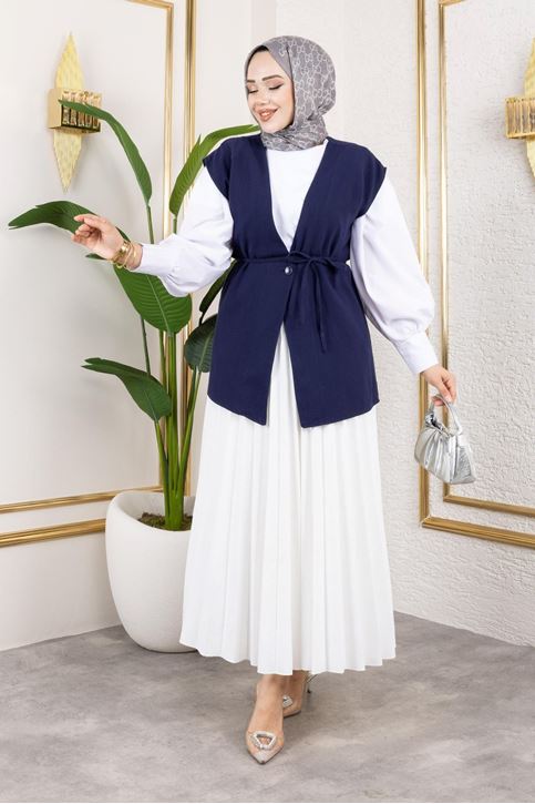 Kadın Bağlamalı Tek Düğmeli Keten Trend Tesettür Yelek Lacivert