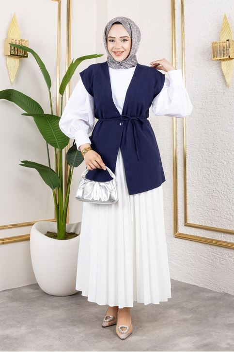 Kadın Bağlamalı Tek Düğmeli Keten Trend Tesettür Yelek Lacivert