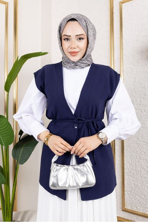 Kadın Bağlamalı Tek Düğmeli Keten Trend Tesettür Yelek Lacivert