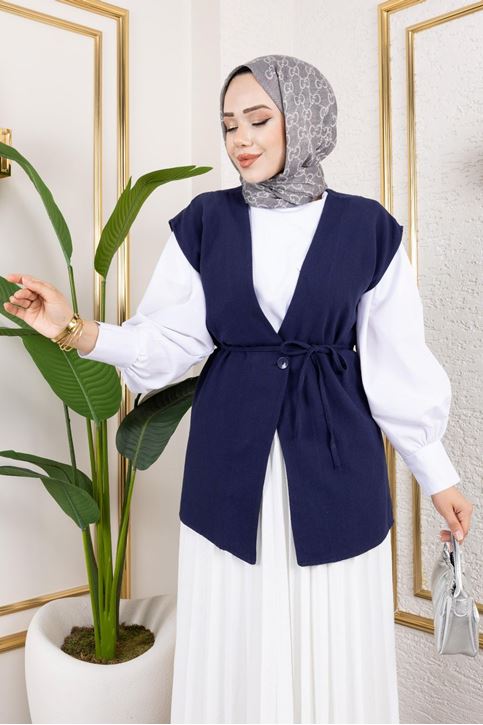 Kadın Bağlamalı Tek Düğmeli Keten Trend Tesettür Yelek Lacivert