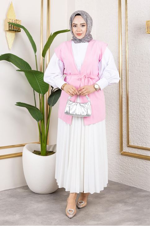 Kadın Bağlamalı Tek Düğmeli Keten Trend Tesettür Yelek Pudra